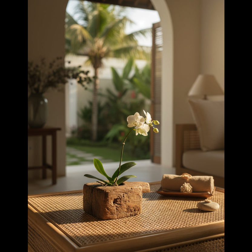 Antique grinder used as a planter for an orchid, placed on a rattan coffee table in a family room