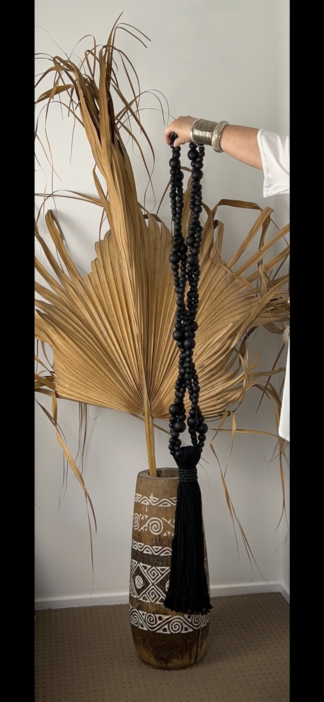 Large Twisted Beaded Tassel – Black Cotton & Natural Wood