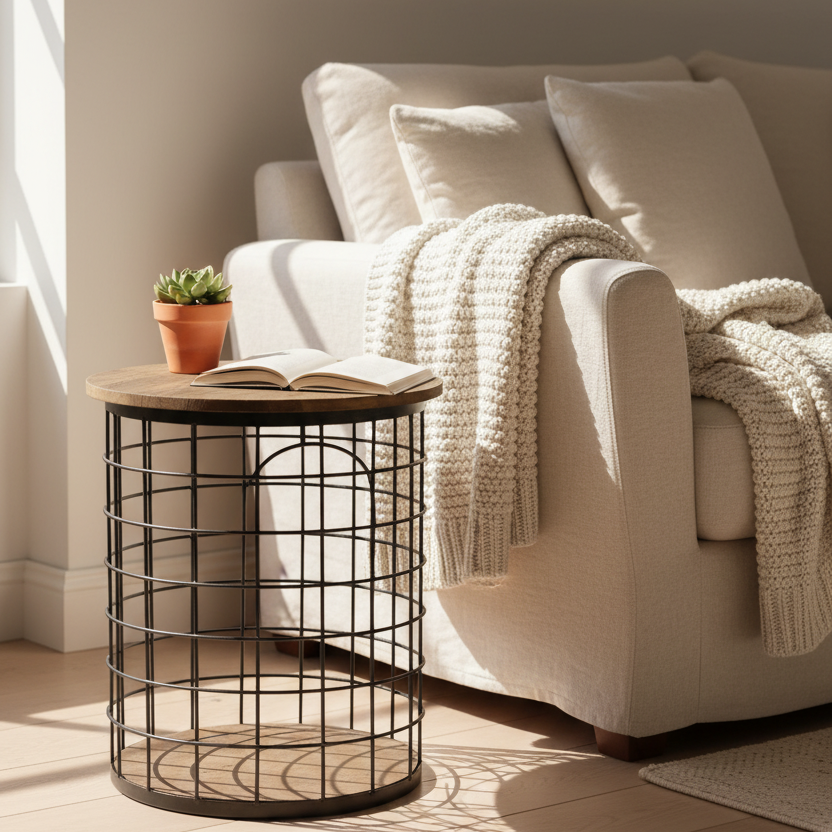 Geo Side Tables styled against a white lounge chair with white accessories, on a timber floor in the sunlight.