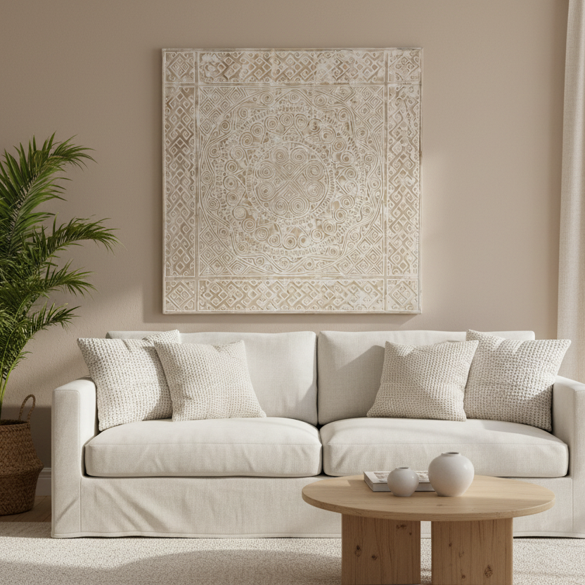 Living room with a white sofa showcasing a square 90x90cm hand-carved timber panel with whitewash finish, featuring a central mandala medallion surrounded by Toraja-inspired spiral, diamond lattice and Greek key border motifs, Bali.