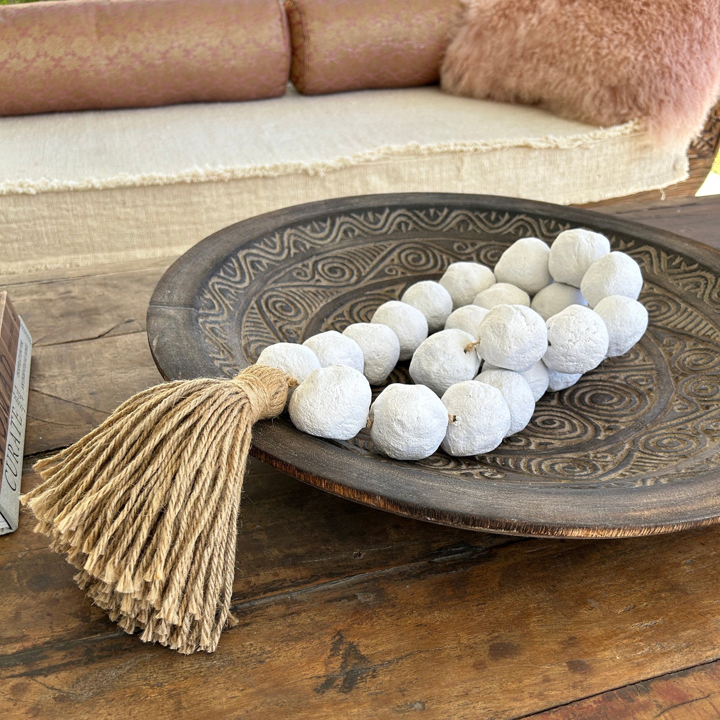Extra Large handmade paper mache beaded garland in large Indonesian bowl.