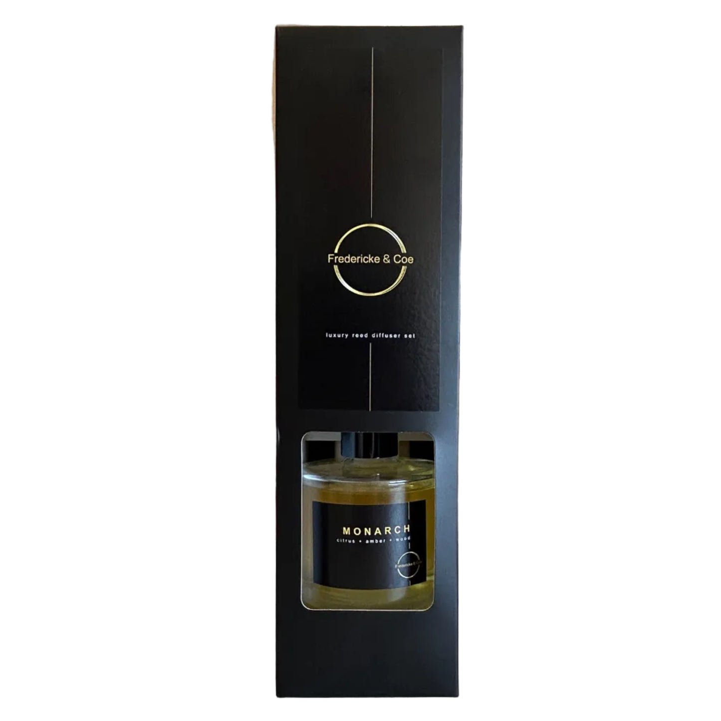 Black diffuser box packaging with an open window showing the diffuser bottle inside, on a white surface.