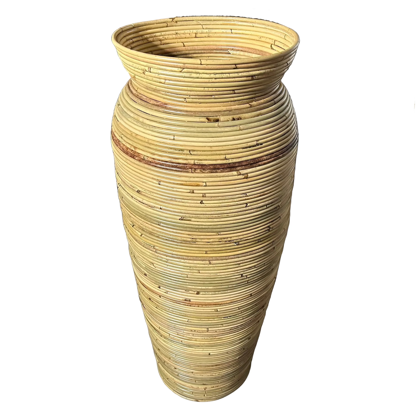 A tall, hand-made rattan urn crafted from natural coiled rattan with a flared rim and tapered base.