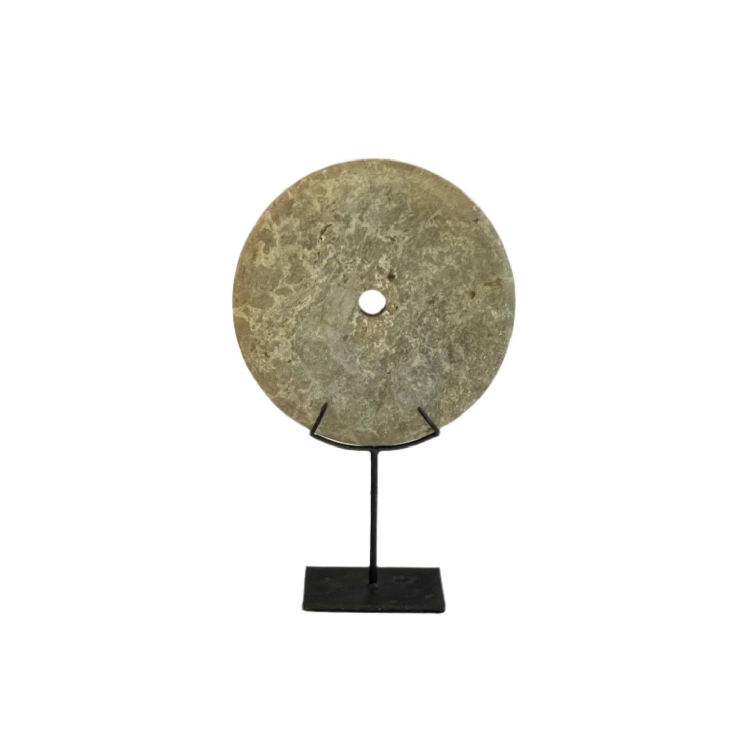 Green terrazzo disk with a central hole, on a black metal stand