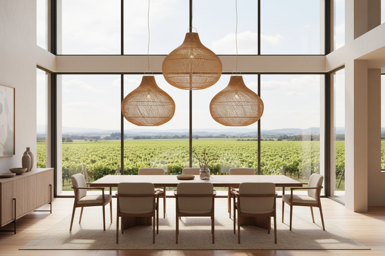 3 Rattan Drop Pendants in Natural shown above the dining table and chairs with large windows overlooking a vineyard.