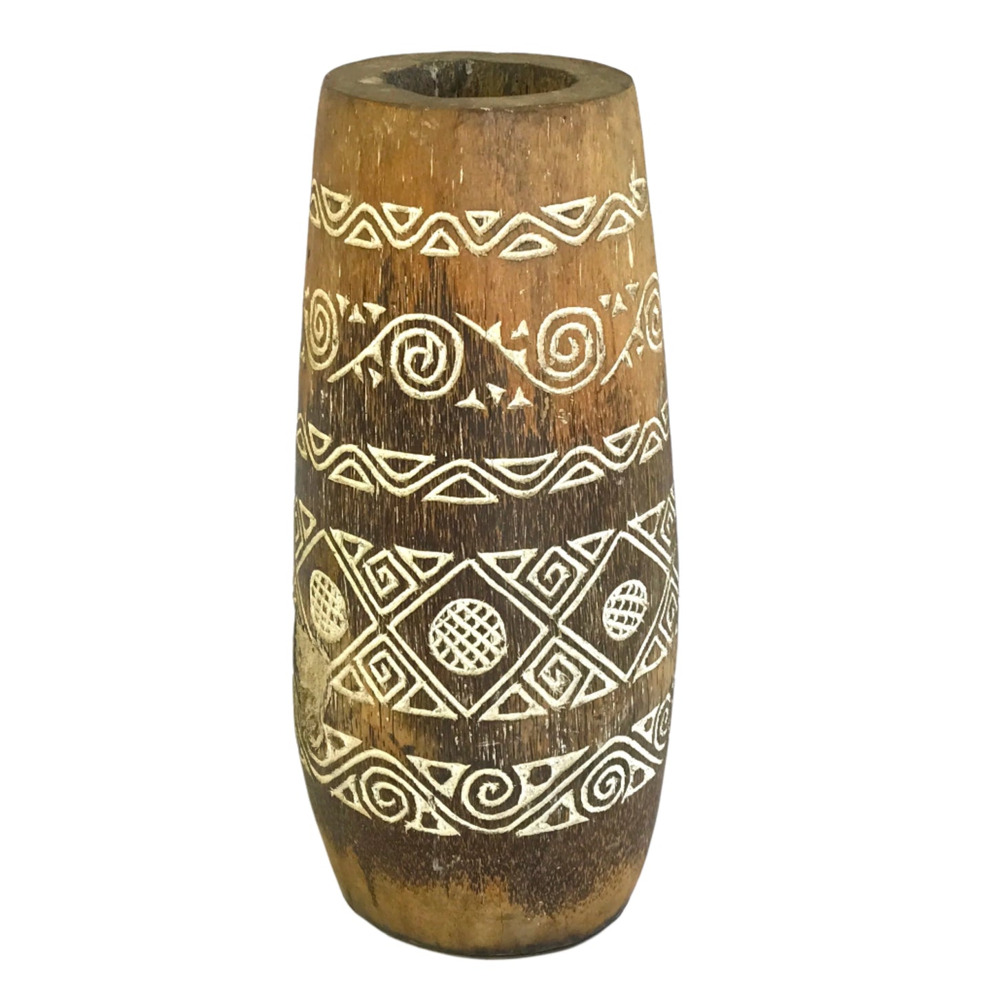 A tall dark coconut wood pot featuring intricate white-etched tribal patterns and a natural fibrous grain.