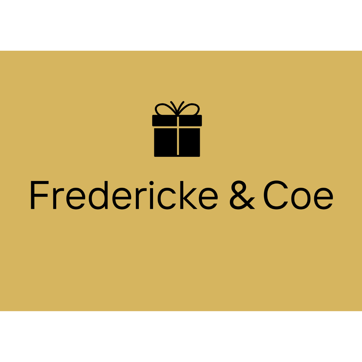 Logo of Fredericke & Coe with a gift box icon on a gold background