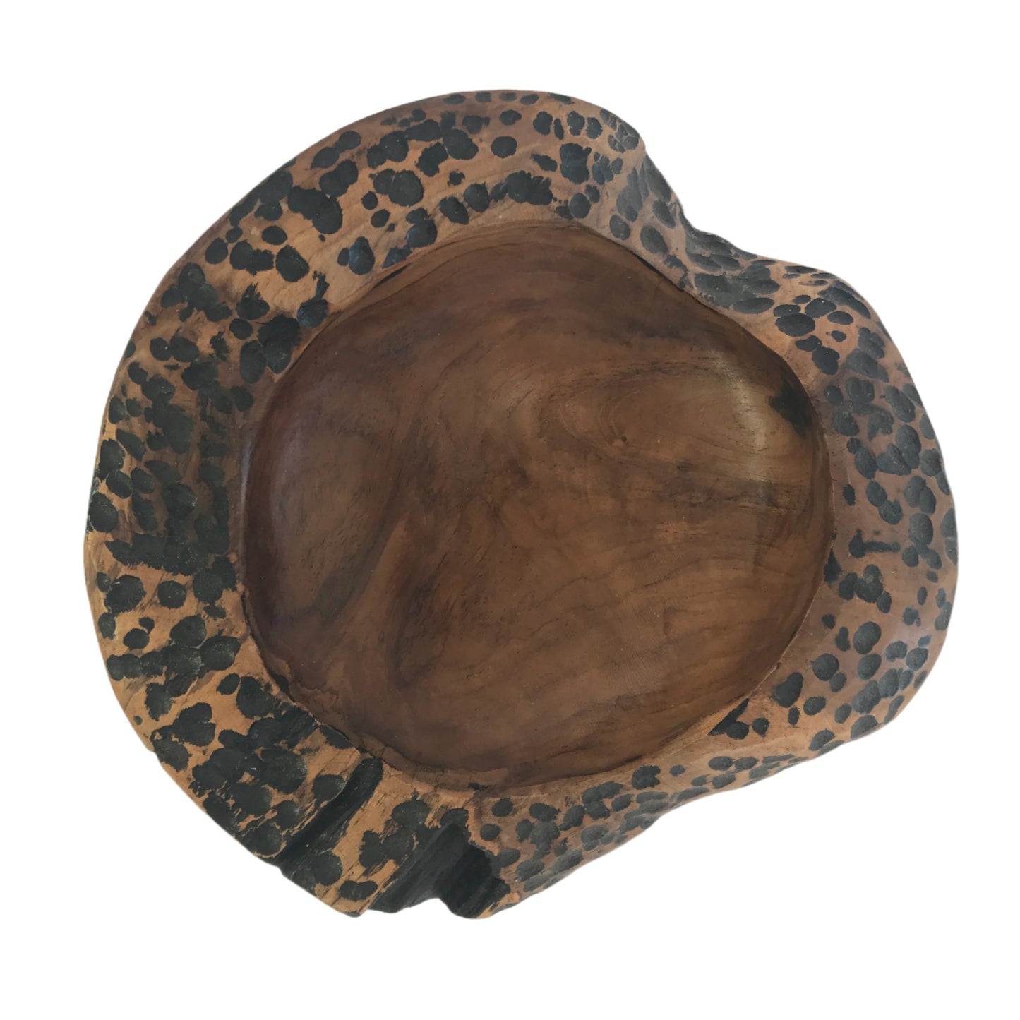 A decorative Indonesian teak bowl with a natural brown color and black carved patterns, displayed on a white background.