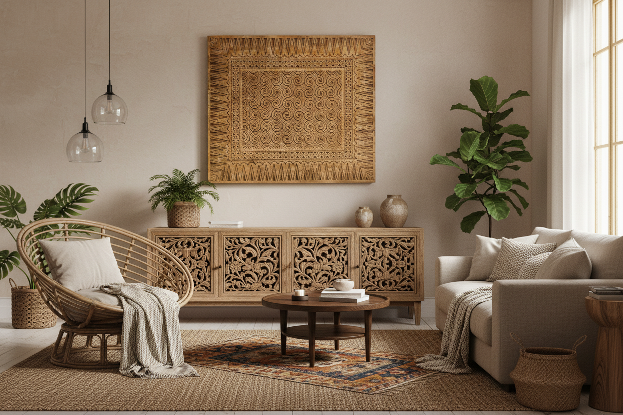 AI Living room with wicker chair, hand carved wall art, off white lounge and plants.