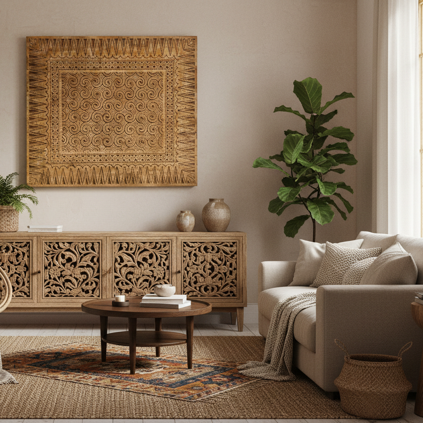 AI Living room with wicker chair, hand carved wall art, off white lounge and plants.
