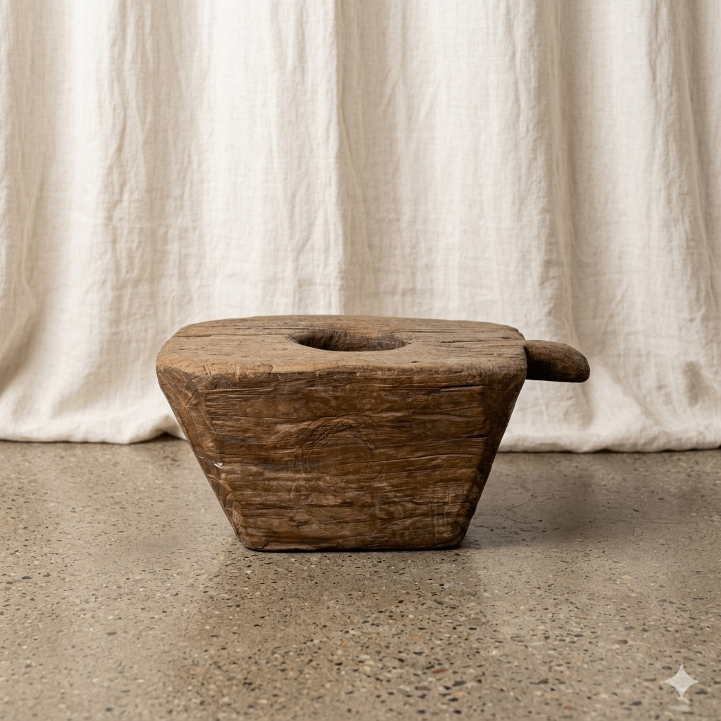 Profile of a rectangular antique Indonesian teak wood grinder with side handle, central mortar hole, and weathered timber grain on a concrete floor.
