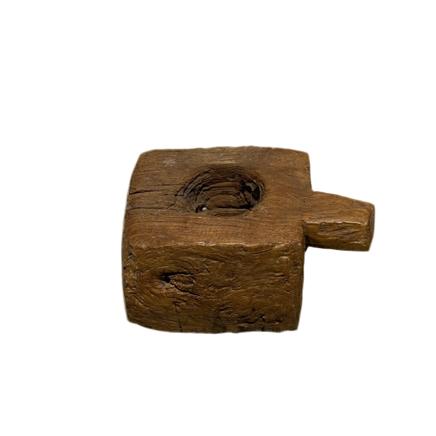 Antique Indonesian Teak Grinder square shape with handle, showing left side profile image.