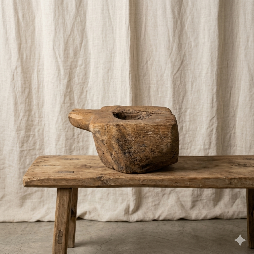 Antique Indonesian Teak Grinder square shaped with handle shown on a timber bench seat, set against a beige backdrop.