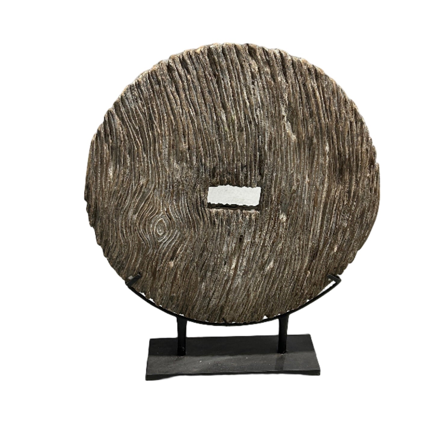 Indonesian handcarved 80cm diameter wooden wheel on a metal stand against a white background