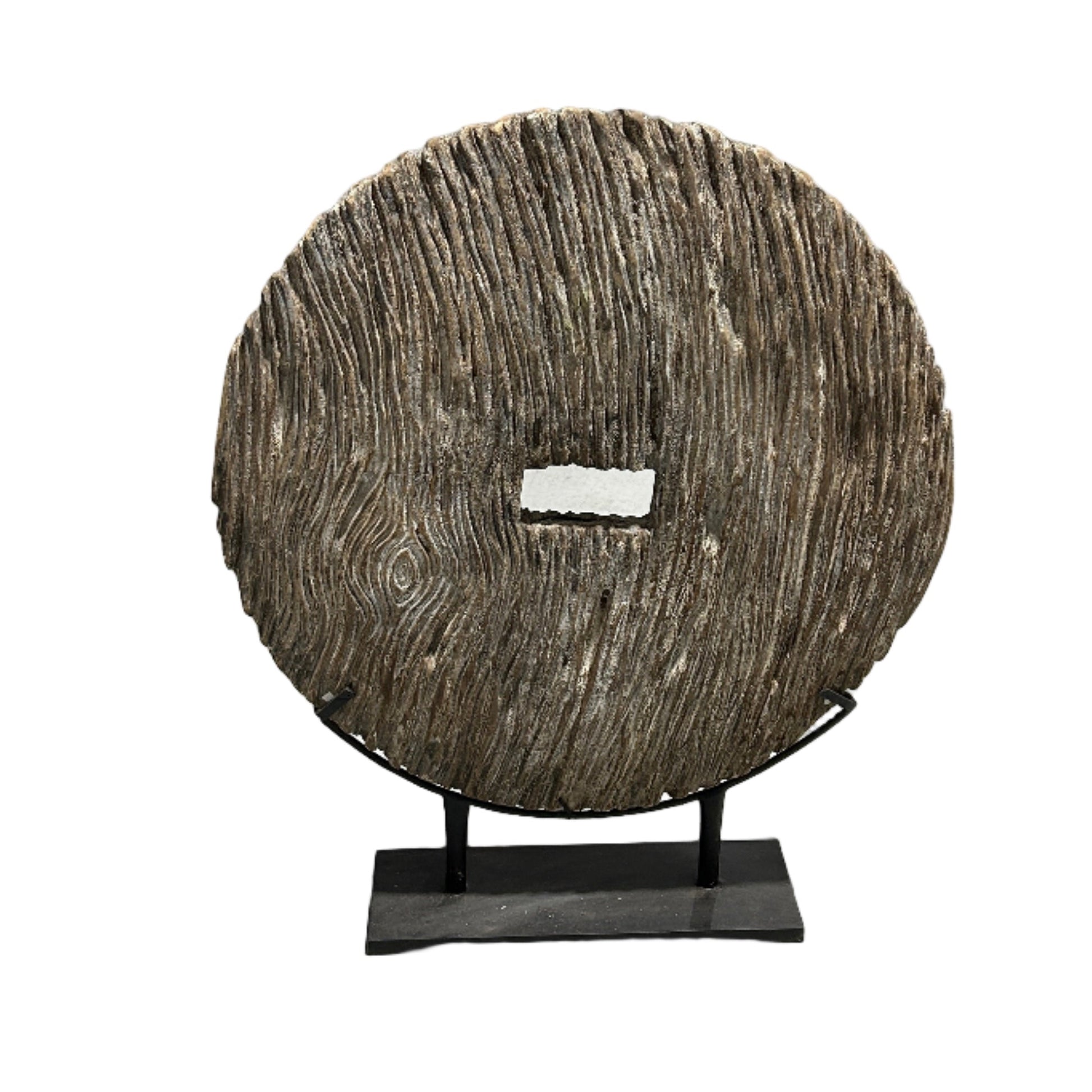 Indonesian handcarved 80cm diameter wooden wheel on a metal stand against a white background