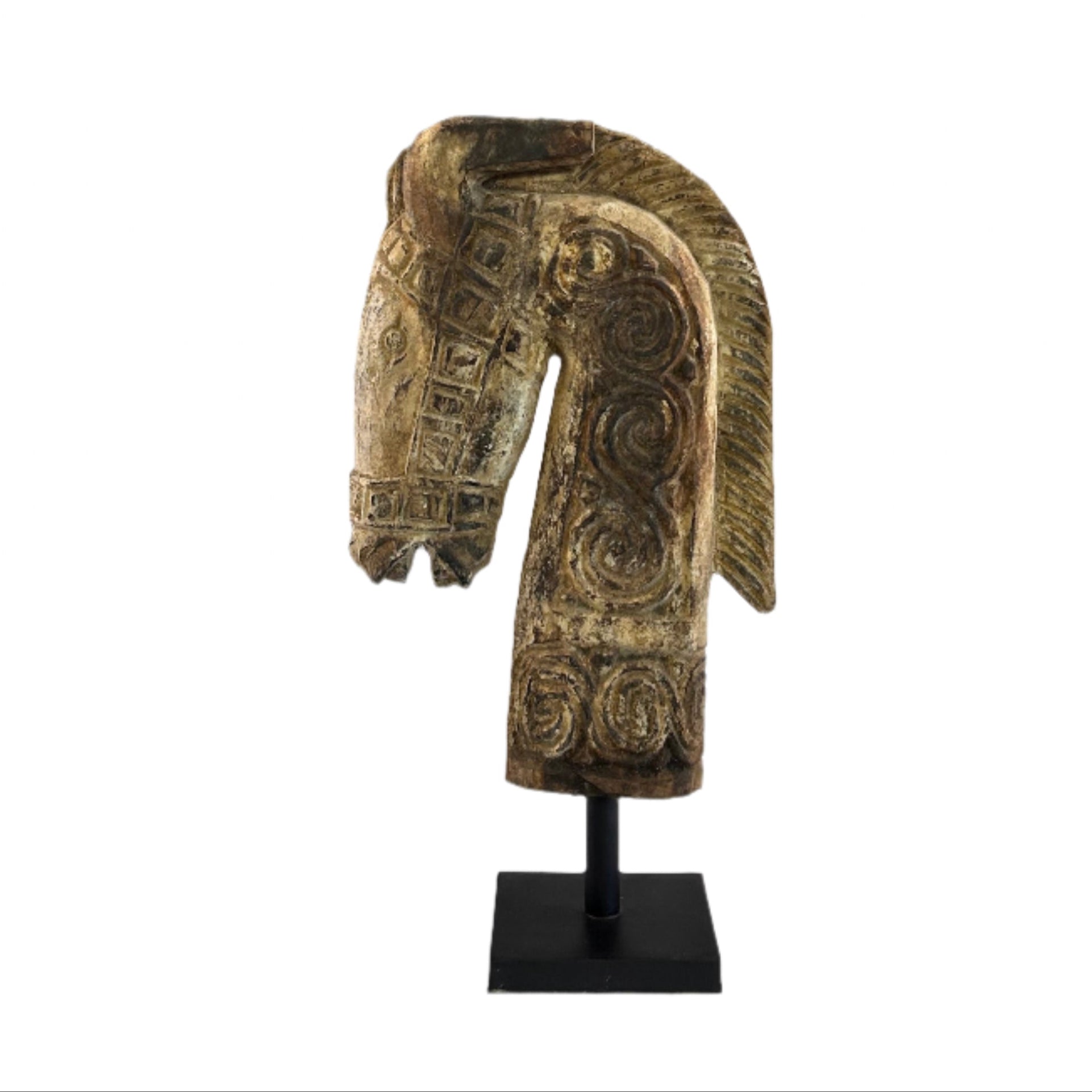 Artisan Timber Horsehead Statue with carved detail, black metal stand, side view.