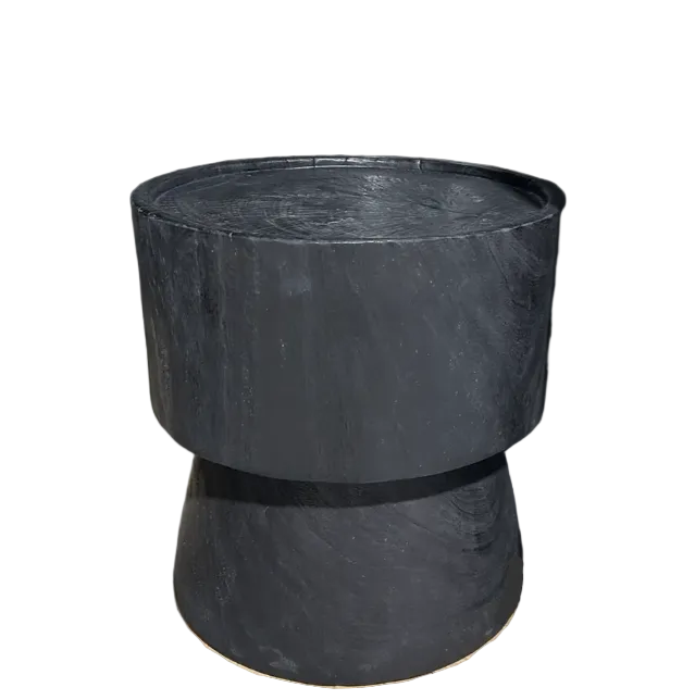 Black timber side table on a plain beige background.