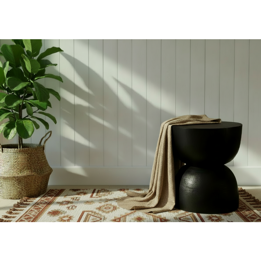Round black mango wood stool on a brown toned boho rug styled with a beige throw.