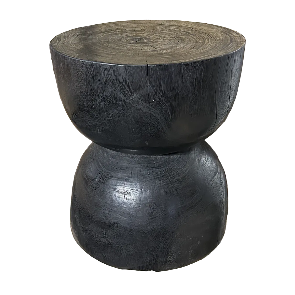 Round black wooden stool on a white background
