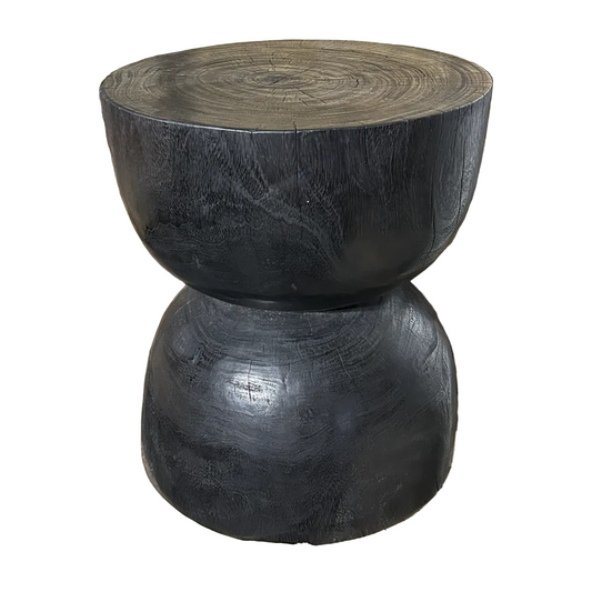 Round black wooden stool on a white background