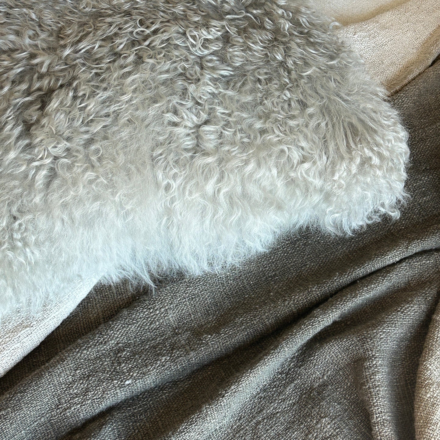 Close-up of a fluffy gray cushion and throw side by side on a neutral background.