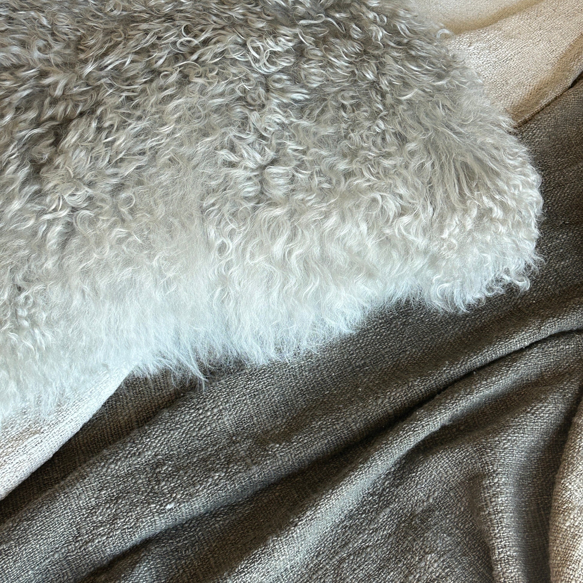 Close-up of a fluffy gray cushion and throw side by side on a neutral background.