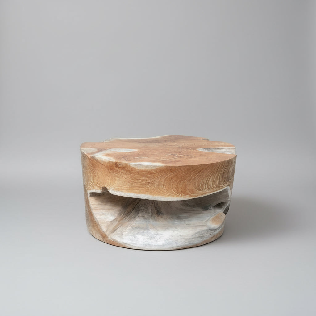 Side table in plain studio setting with timber grain visible along with contrasting honey timber and grey tones.