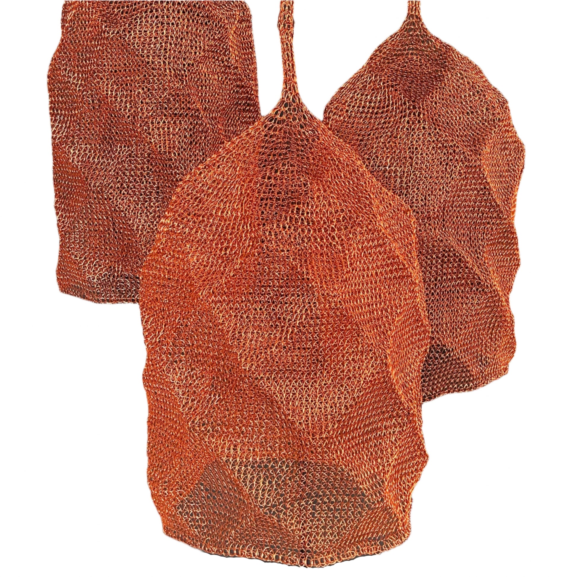 Three copper woven mesh pendant lights on a white background.