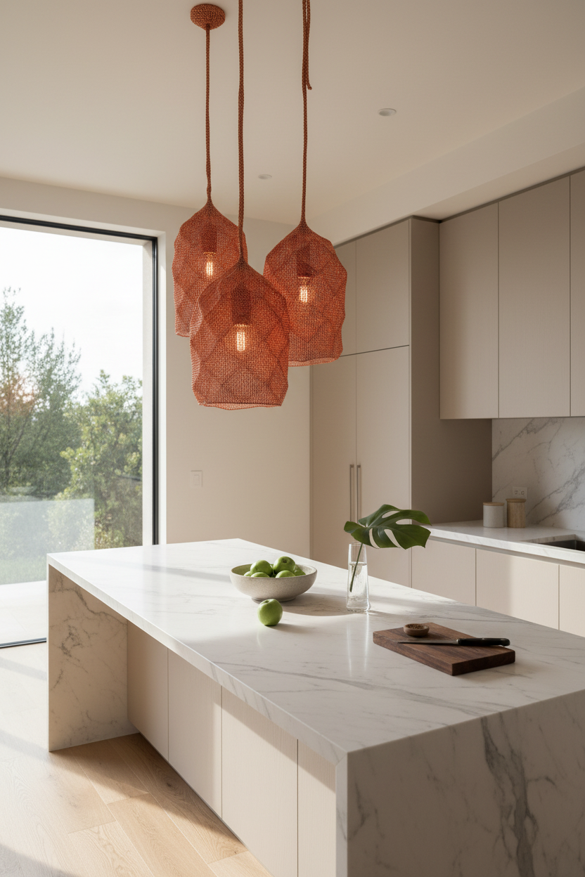 AI image of a beige kitchen with a white marble bench top and set of three copper coloured pendant lights overhanging the island bench.