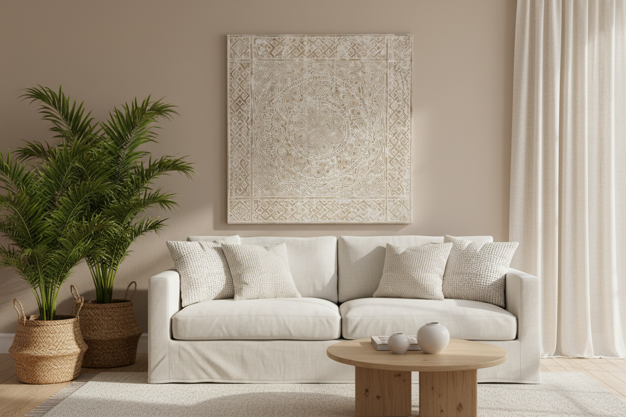 Living room with a white sofa showcasing a square 90x90cm hand-carved timber panel with whitewash finish, featuring a central mandala medallion surrounded by Toraja-inspired spiral, diamond lattice and Greek key border motifs, Bali.