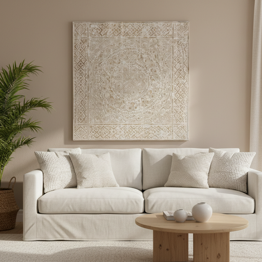 Living room with a white sofa showcasing a square 90x90cm hand-carved timber panel with whitewash finish, featuring a central mandala medallion surrounded by Toraja-inspired spiral, diamond lattice and Greek key border motifs, Bali.