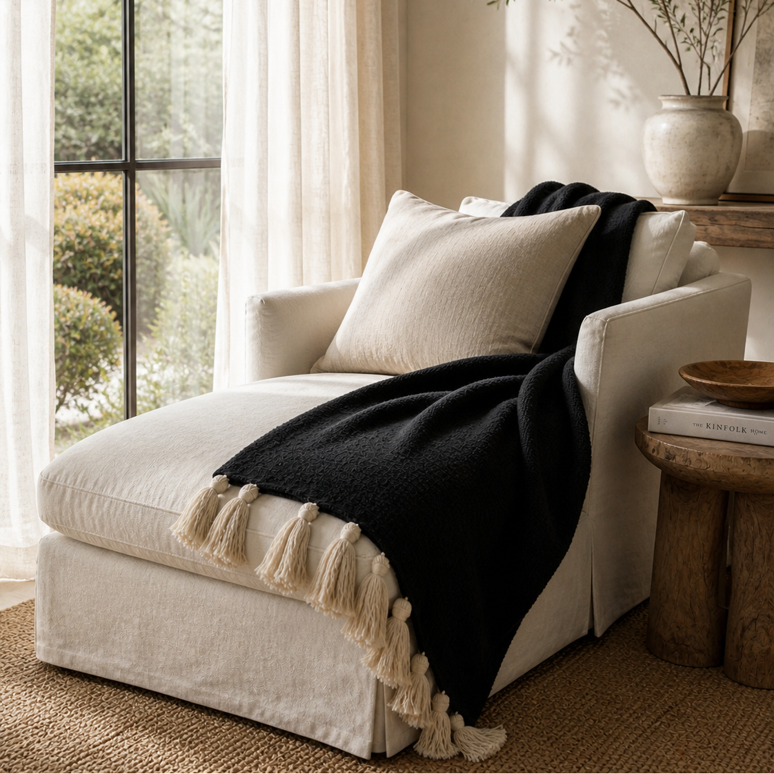 Black throw blanket with neutral tassels laying on a white chaise next to a window looking out onto a garden.