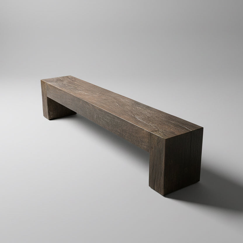 Long dark brown wooden bench seat showing timber grain 