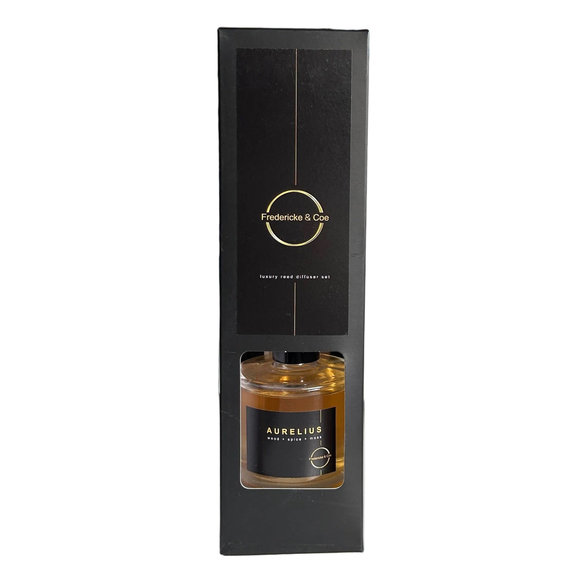 Aurelius diffuser bottle with black packaging featuring 'Fredericke & Coe' on a white background