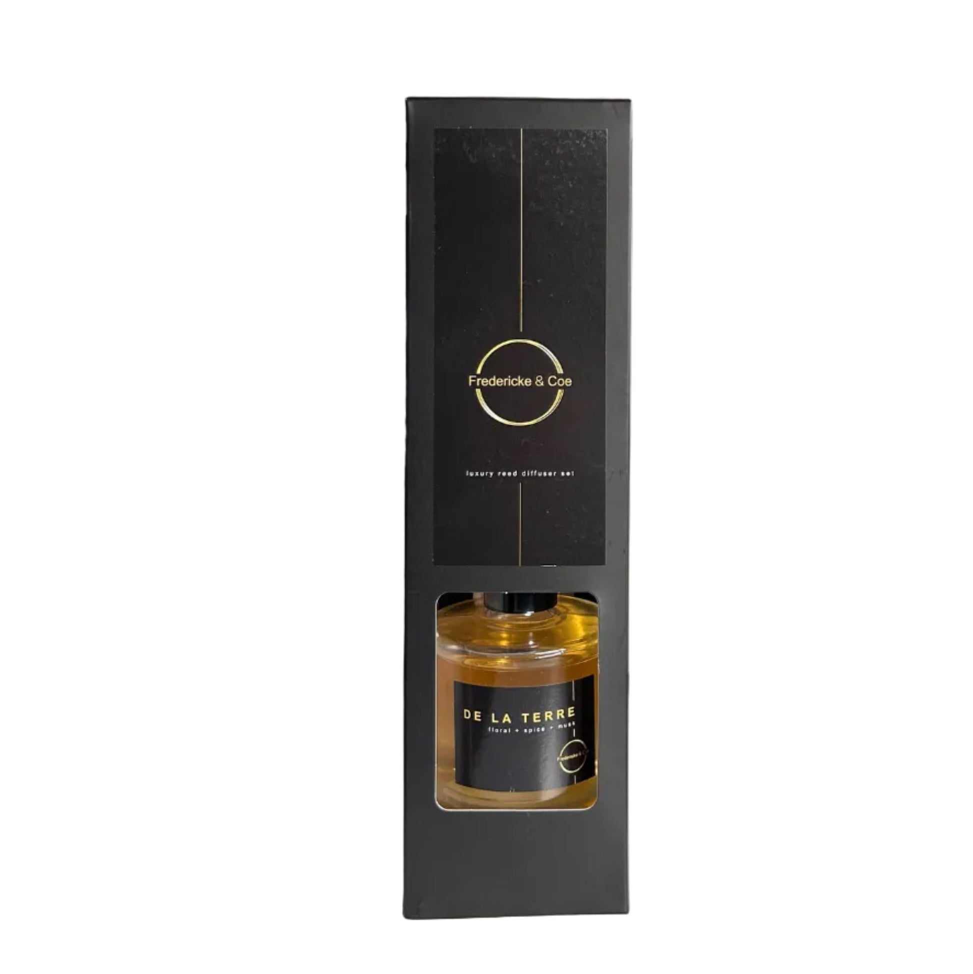 Fragrance bottle with packaging featuring 'De La Terre' and 'Fredericke & Coe' on a white background
