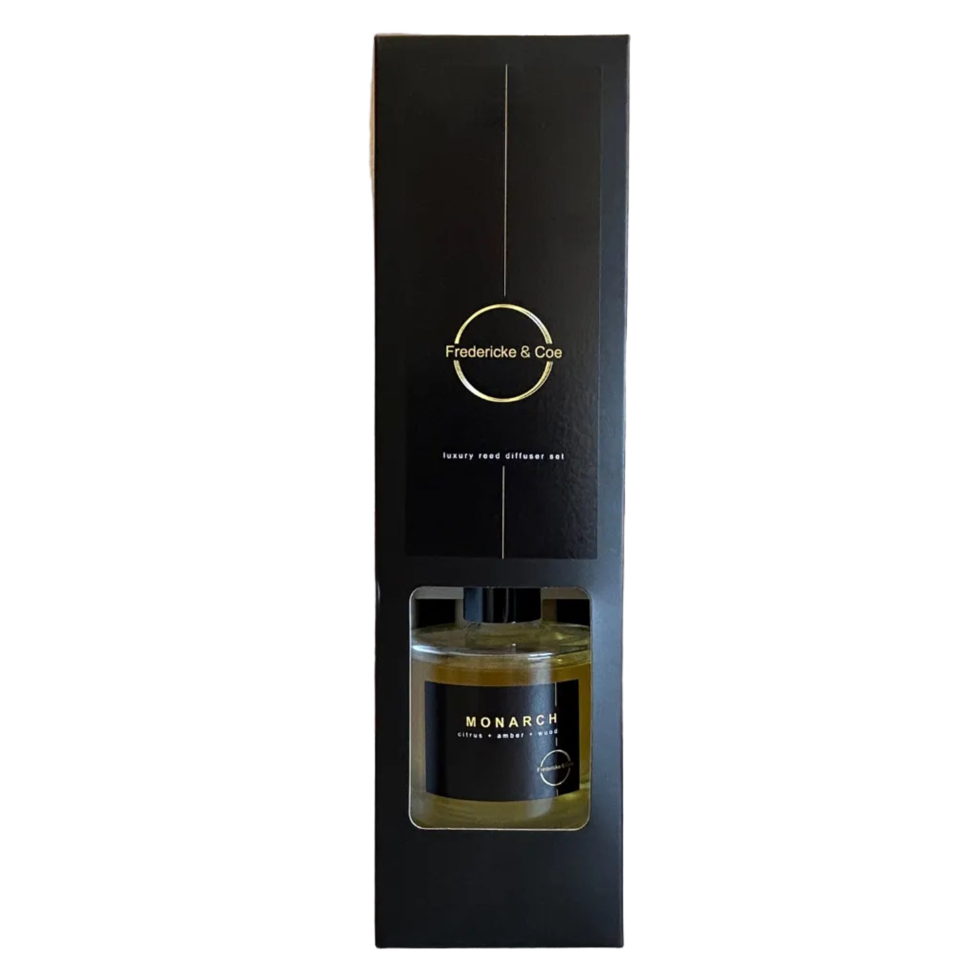 Black diffuser box packaging with an open window showing the diffuser bottle inside, on a white surface.