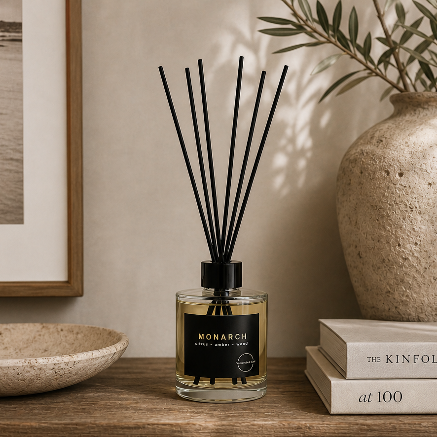 Reed diffuser with black sticks and a clear bottle on a timber shelf and styled with books, plate and a pot in calm beige colouring.