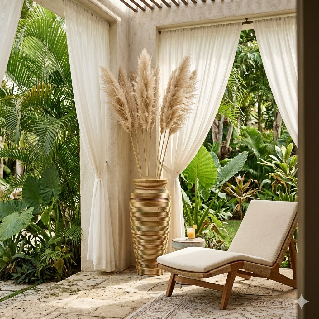Tropical outdoor setting with a chair, the Lyric Rattan Urn with pampas grass, and draped curtains surrounded by tropical plants. Ai image.