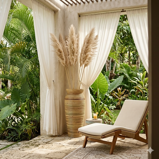 Tropical outdoor setting with a chair, the Lyric Rattan Urn with pampas grass, and draped curtains surrounded by tropical plants. Ai image.