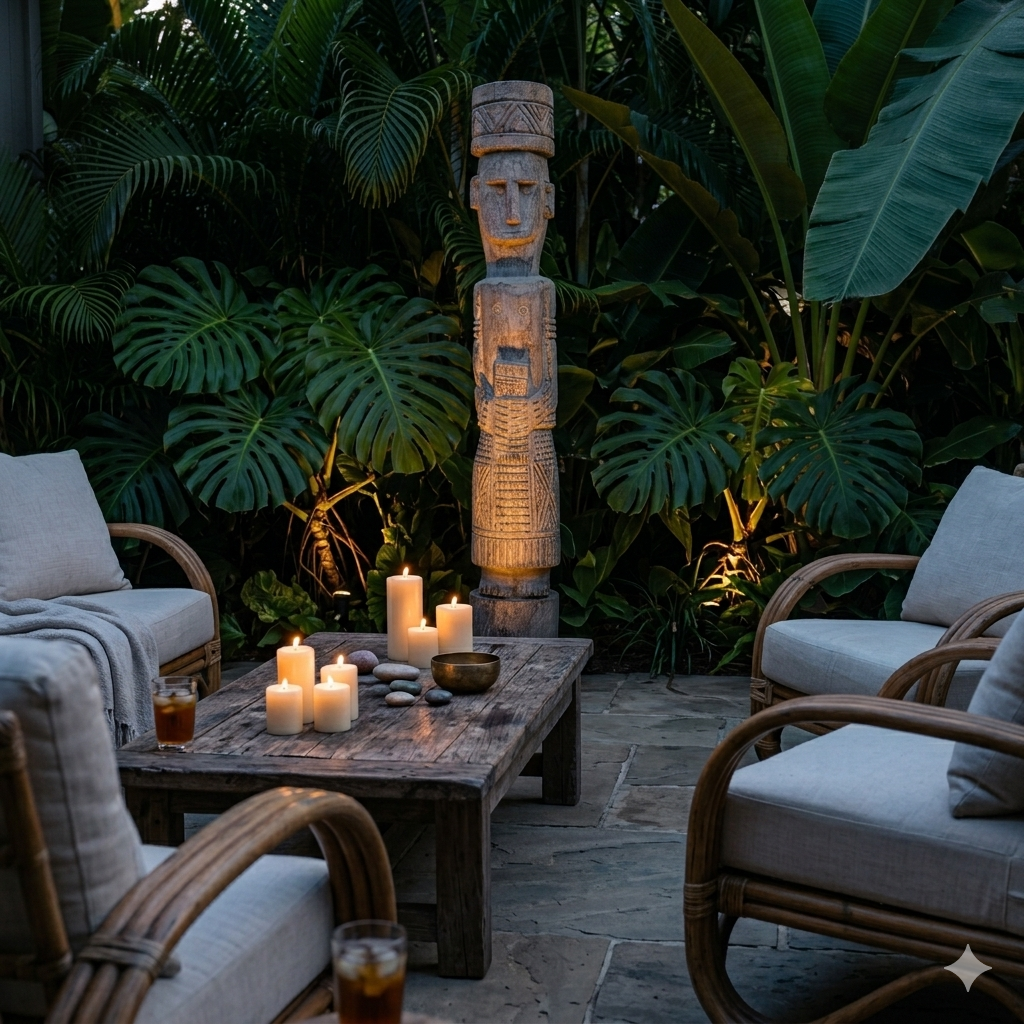 Outdoor patio setting with a male timor ancestor statue underlit in the garden, candles, and comfortable seating in a tropical garden.