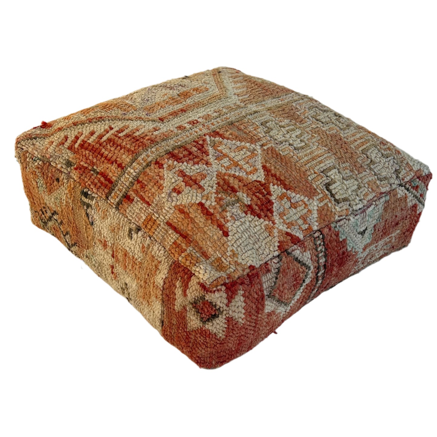 Marrakesh vintage Moroccan floor cushion featuring terracotta, cream and sand tones with geometric tribal patterns, handcrafted and sourced from Morocco.