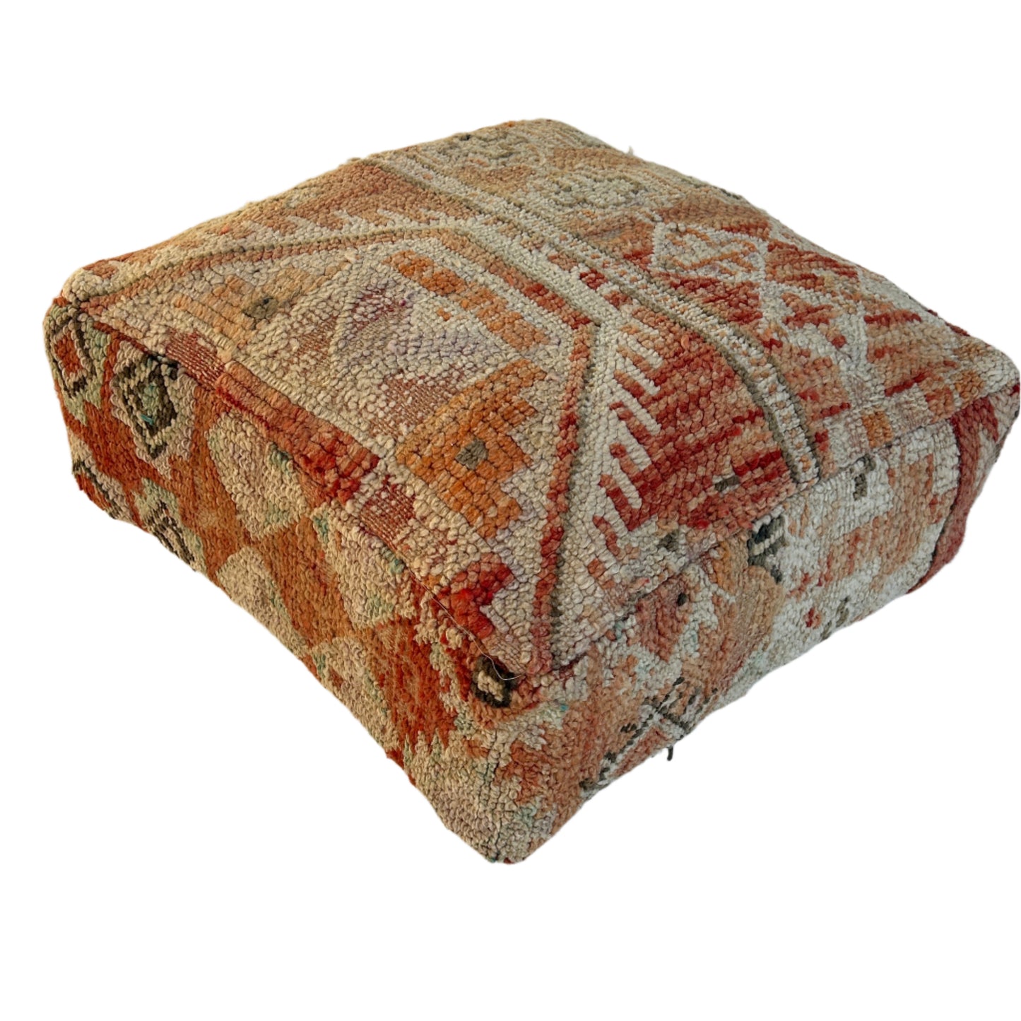 Marrakesh vintage Moroccan floor cushion featuring terracotta, cream and sand tones with geometric tribal patterns, handcrafted and sourced from Morocco.