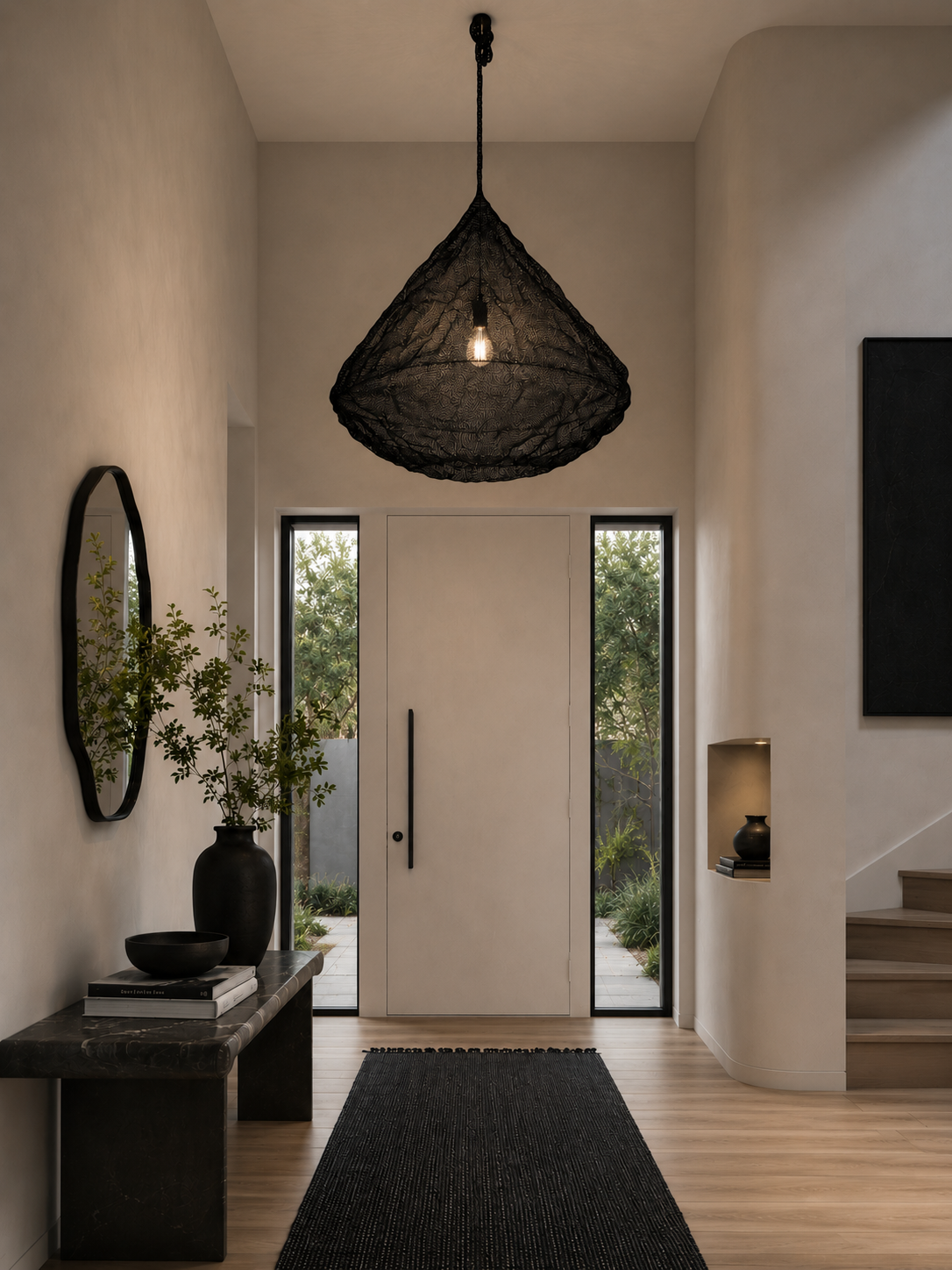 The Nomad Pendant Black Mesh Statement Light hanging in an entryway with a black hall rug and bench seat, a black mirror above.