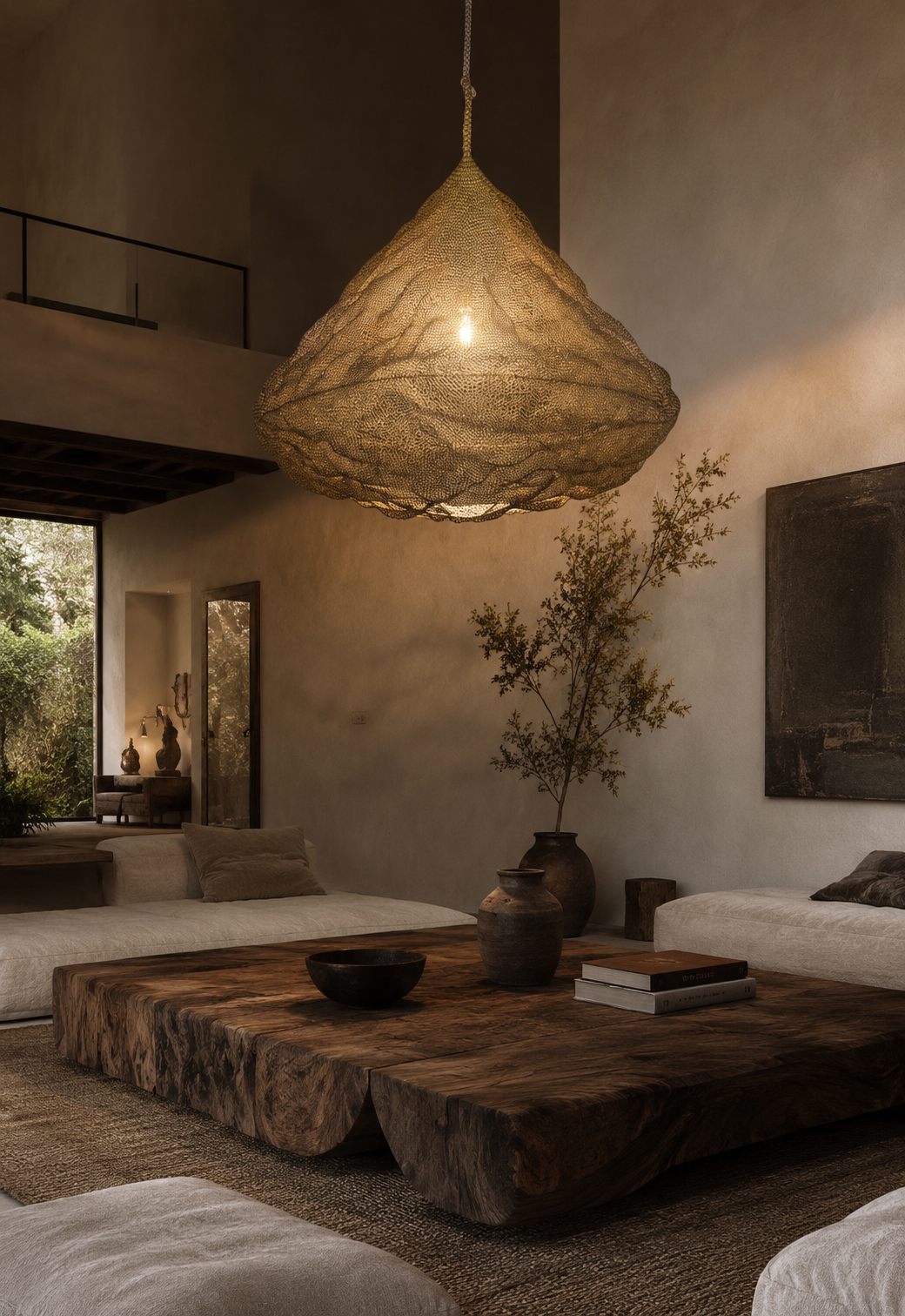 Nomad Pendant Brass Mesh Statement Light shown in a wabi wabi style living room with a low, chunky, wooden coffee table, and neutral decor.