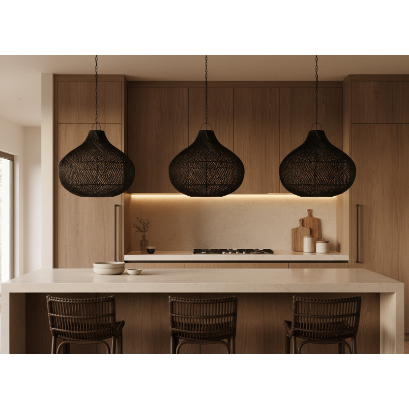 Modern beige kitchen with wooden cabinets, black rattan drop pendant lights, and a dining area.