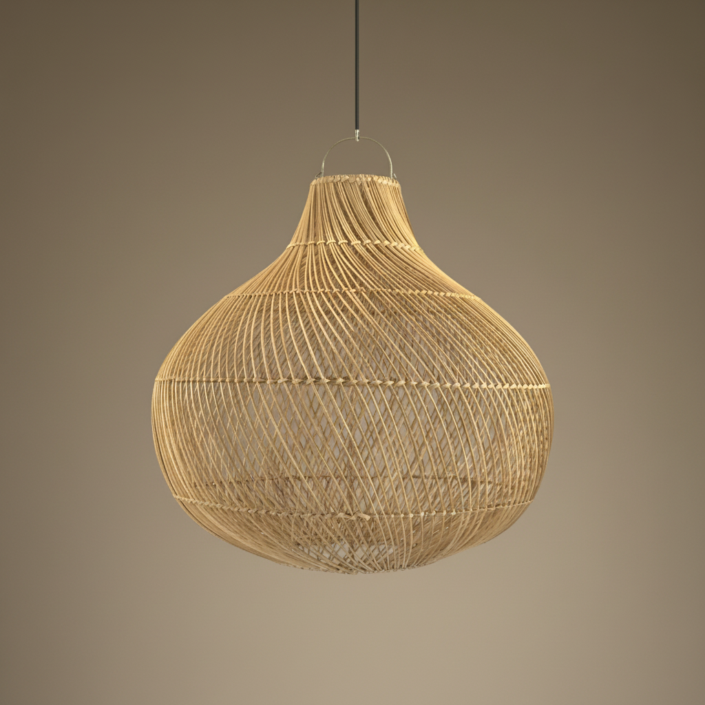 A natural rattan drop pendant ceiling light fixture shown against a light brown background.