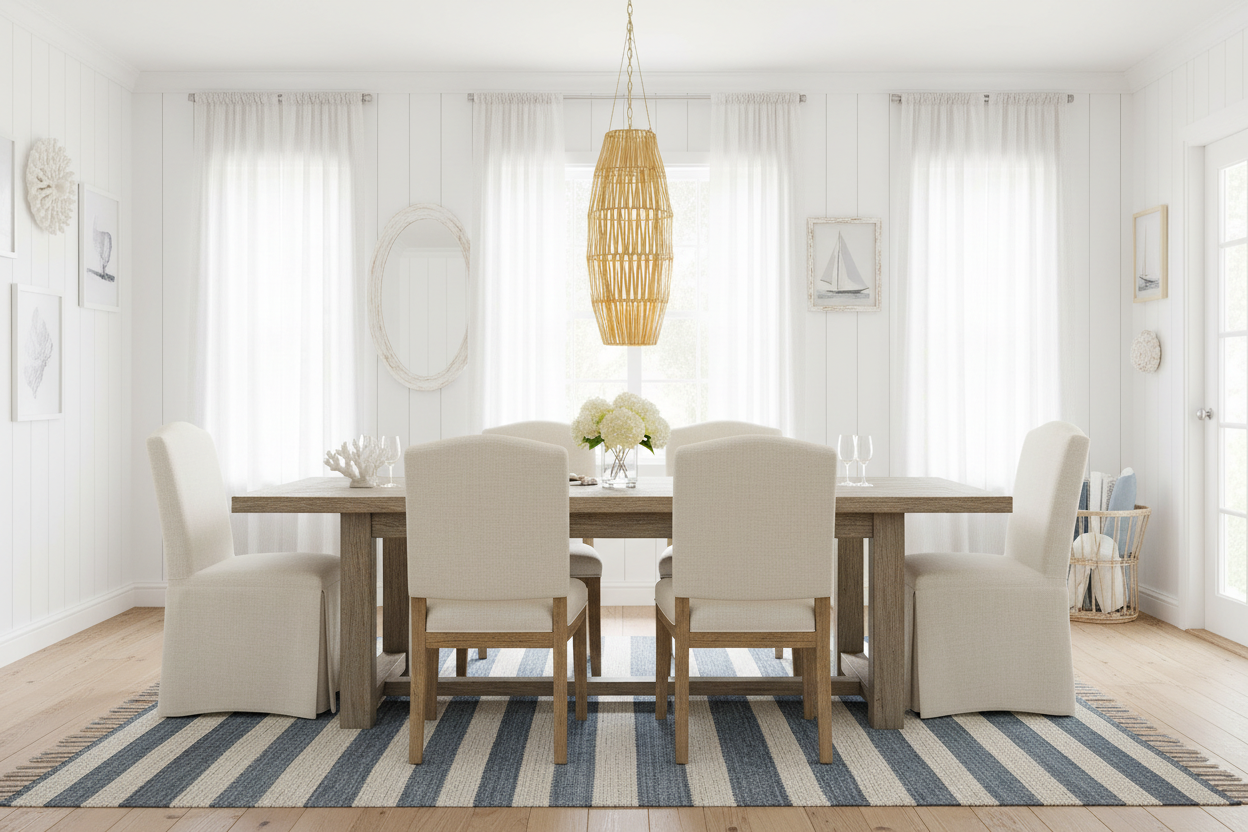 Rattan Marquis Pendant in Natural shown as a single pendant over a dining room  table and chairs on a striped rug