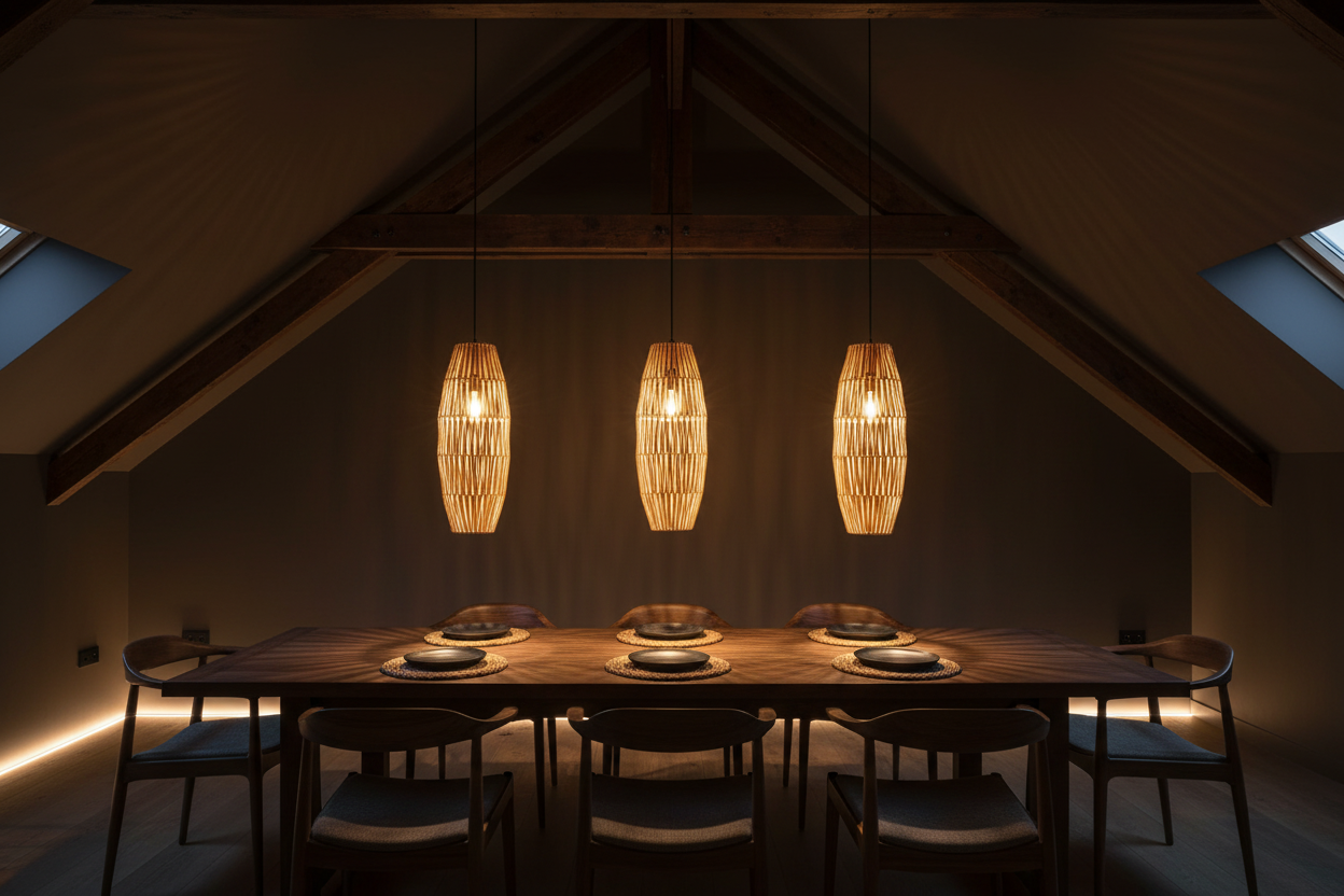 Rattan Marquis Pendant in Natural shown hanging as a set of 3 over a rectangular table set with plates under in a dimly lit room.