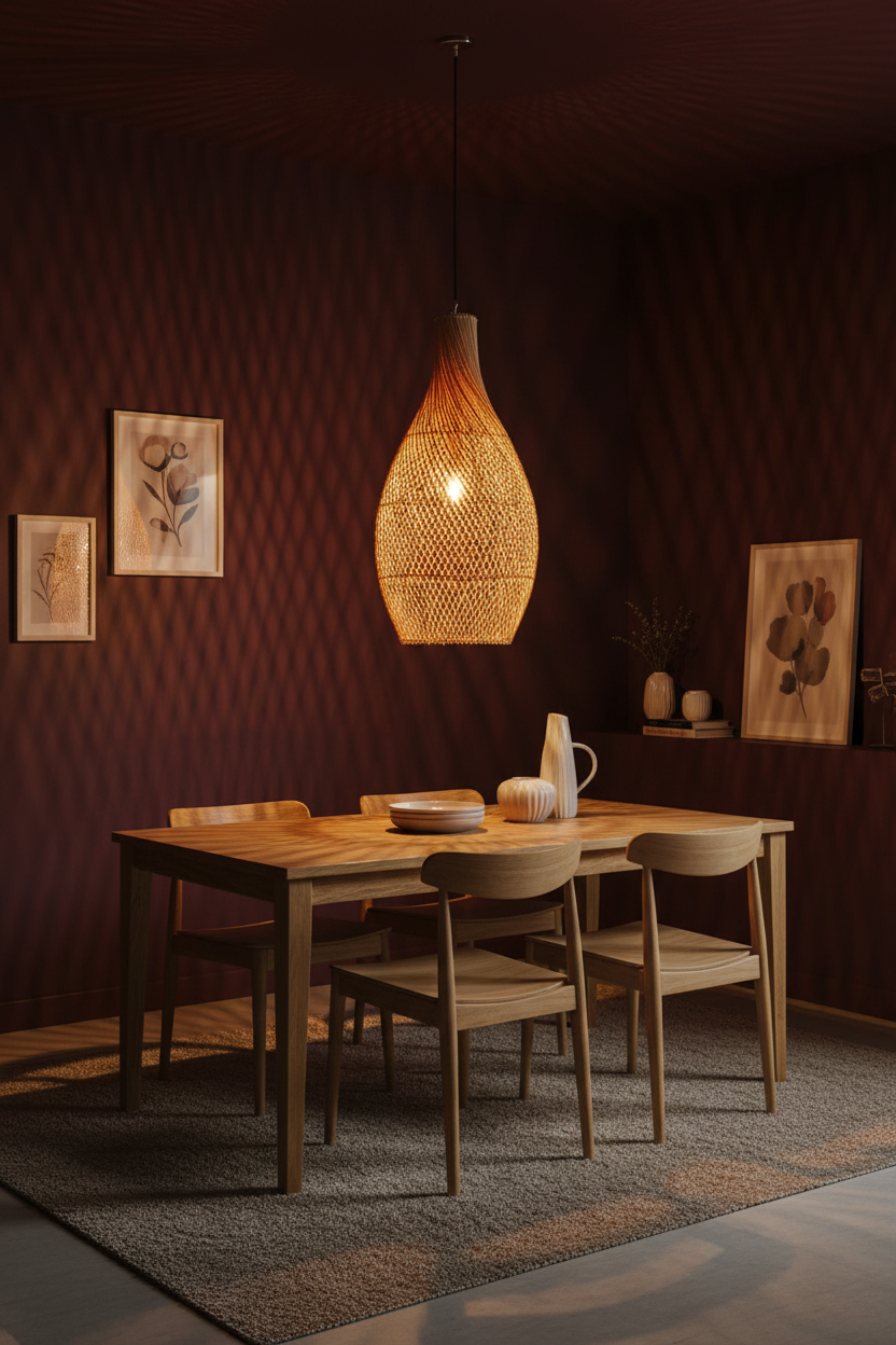 Rattan Net Pendant in Natural is shown in a moody, dimly lit dining room with a rectangular table and chairs and light from the pendant casting a textured shadow on the walls.