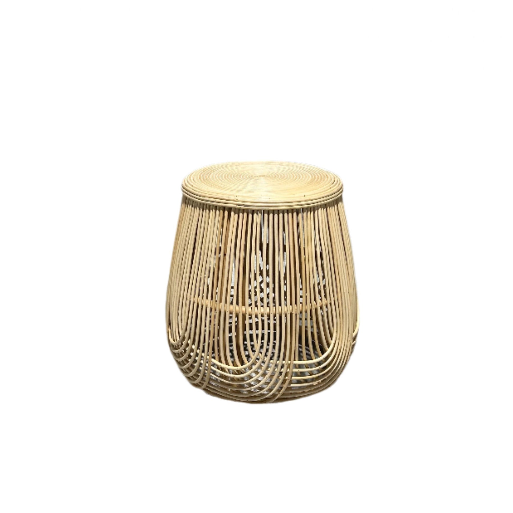 Round rattan side table shown against white background.